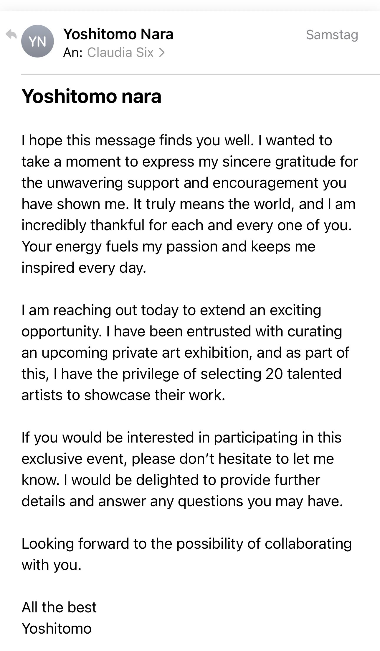 a scam email from the not real Yoshitomo Nara