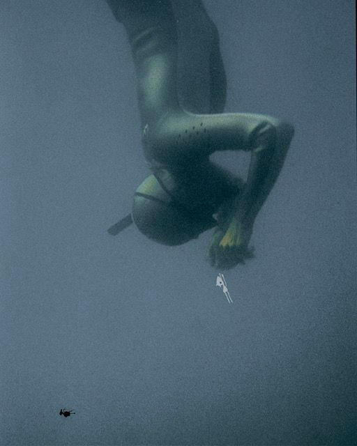 A picture of a freediver going down, with a small white handdrawn character floating in front of her