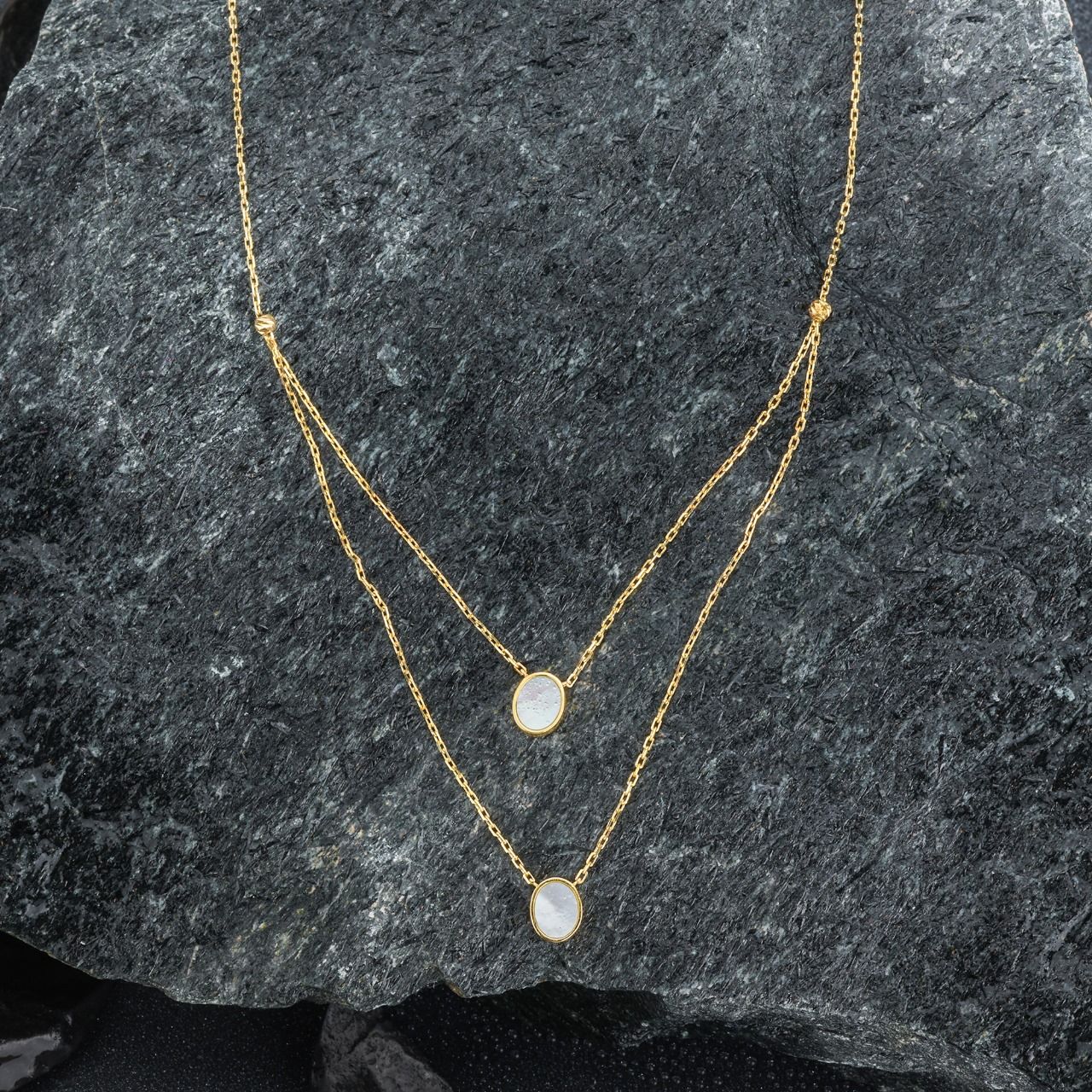 18K gold layered chain necklace with oval stones