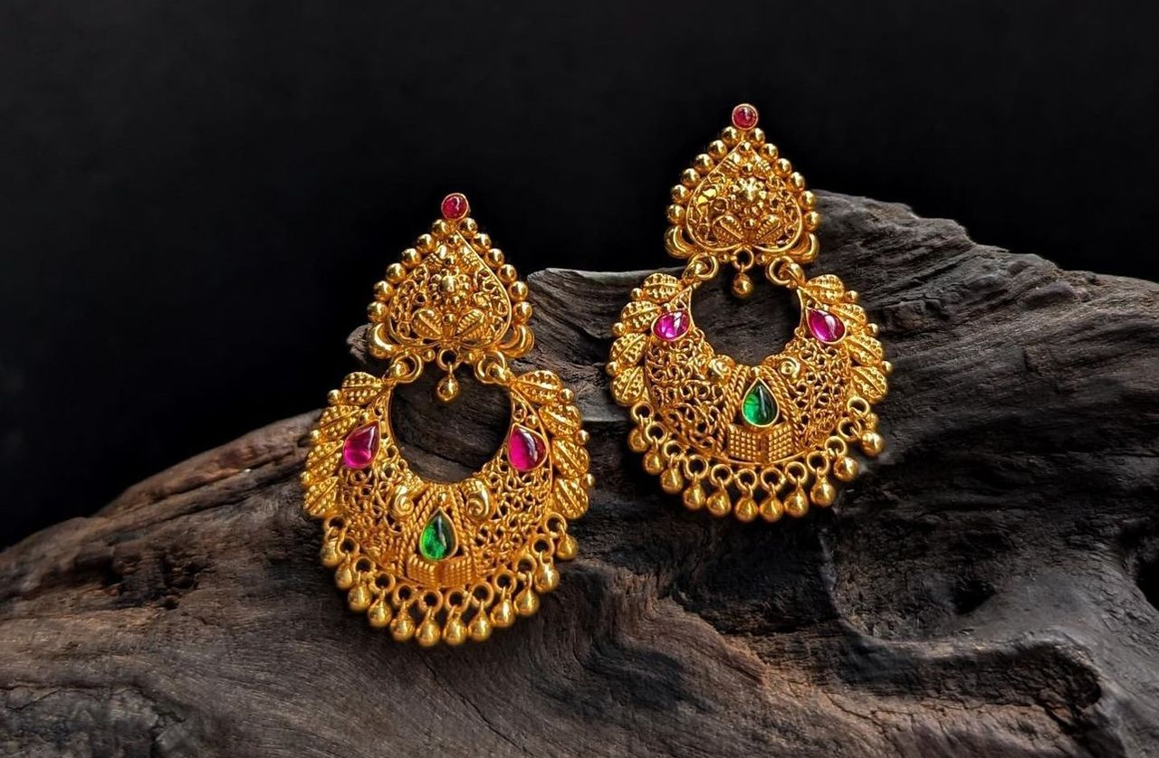 22K gold stone-studded chandbali earrings