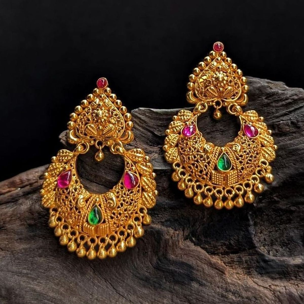 22K gold stone-studded chandbali earrings