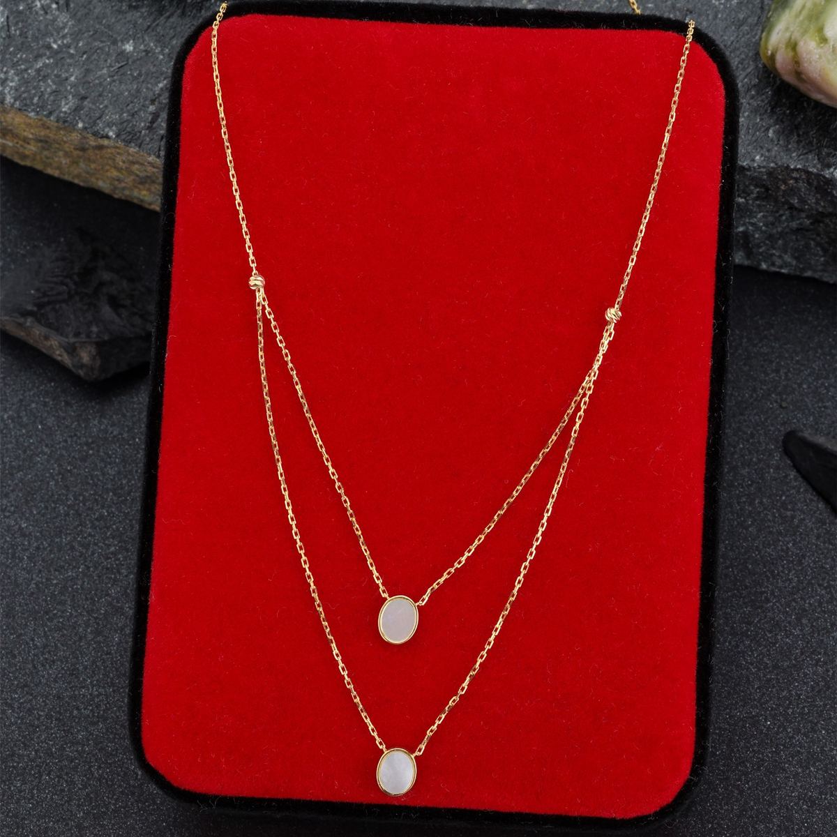 18K gold layered chain necklace with oval stones