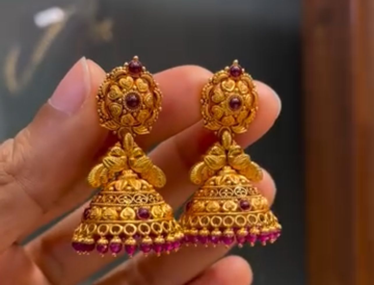22K gold gold jhumka earrings with coloured stones and bead drops