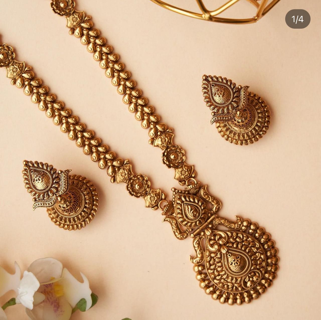 22K gold antique long necklace set with earrings