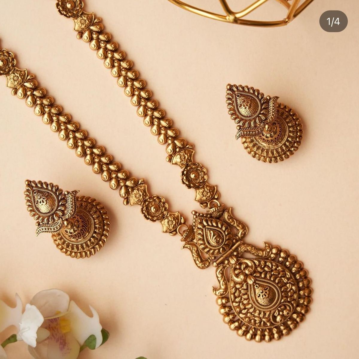 22K gold antique long necklace set with earrings