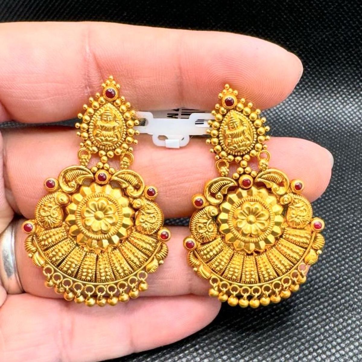 22K gold stone-studded floral drop earrings