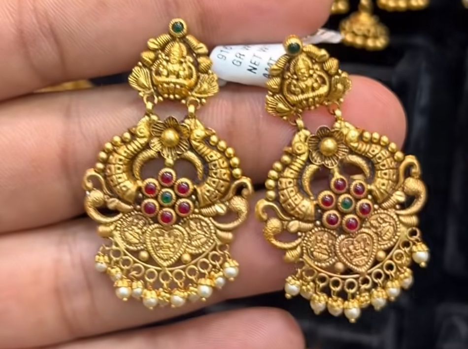 22K gold temple-motif stone-studded chandbali earrings