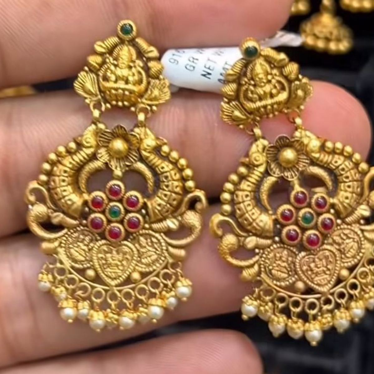 22K gold temple-motif stone-studded chandbali earrings