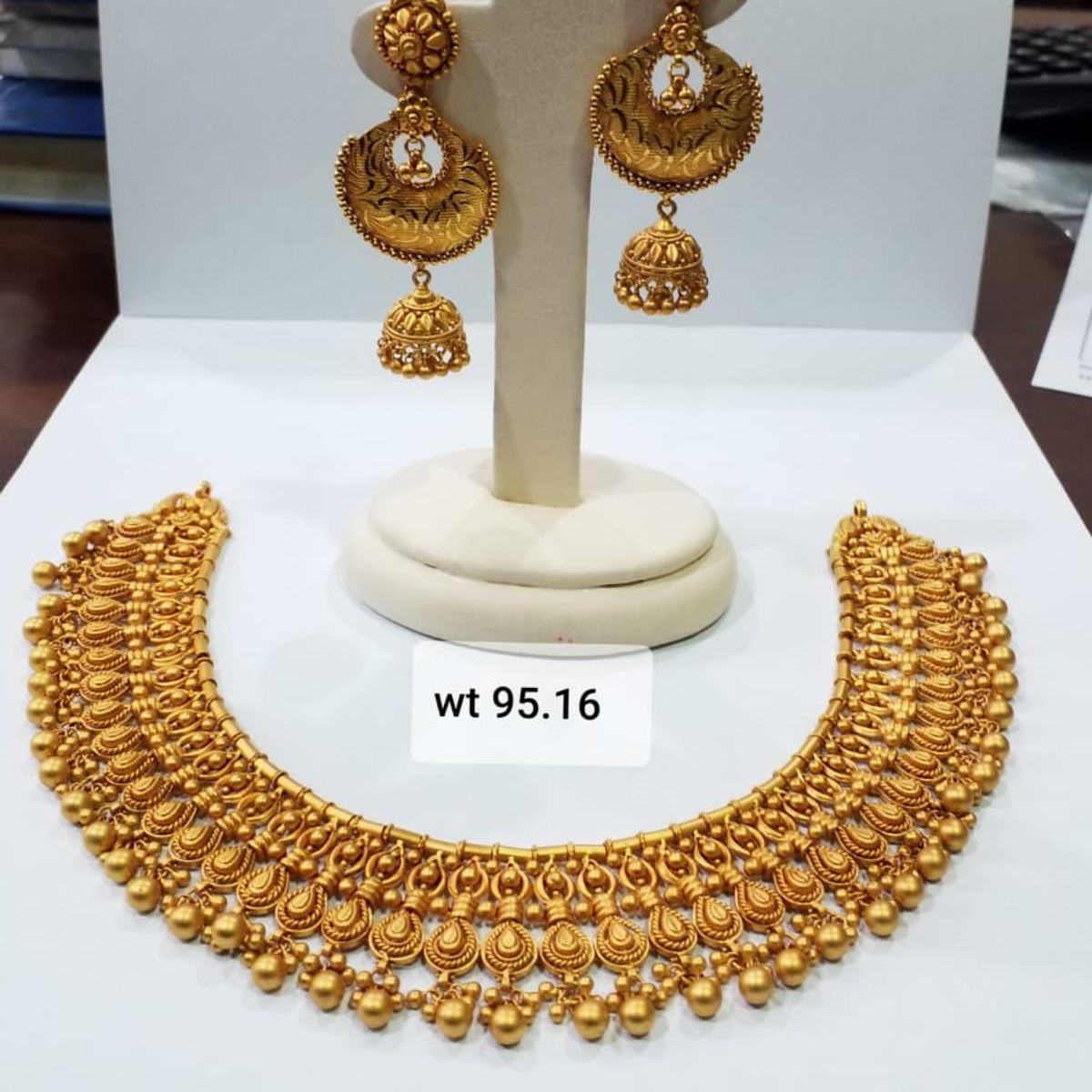 22K gold beaded drop necklace with chandbali earrings
