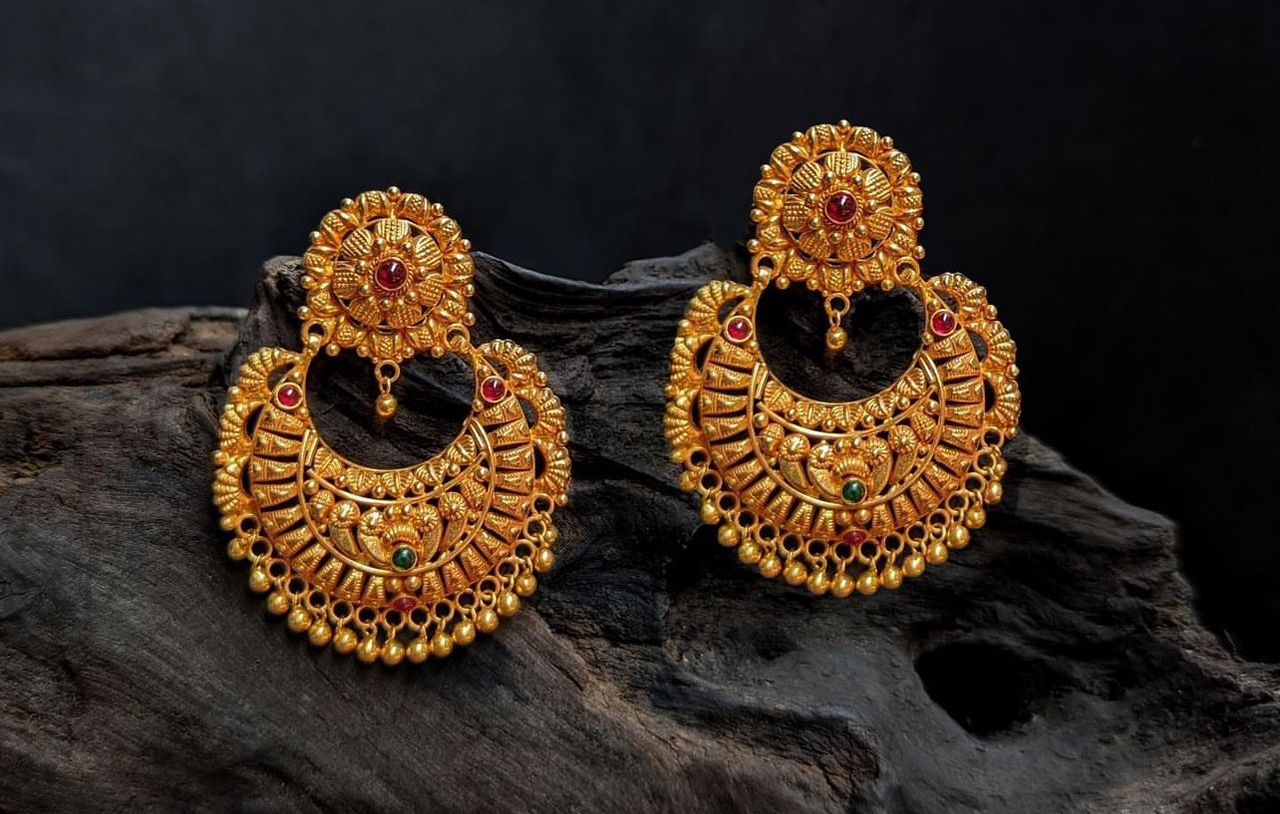 22K gold stone-studded chandbali earrings