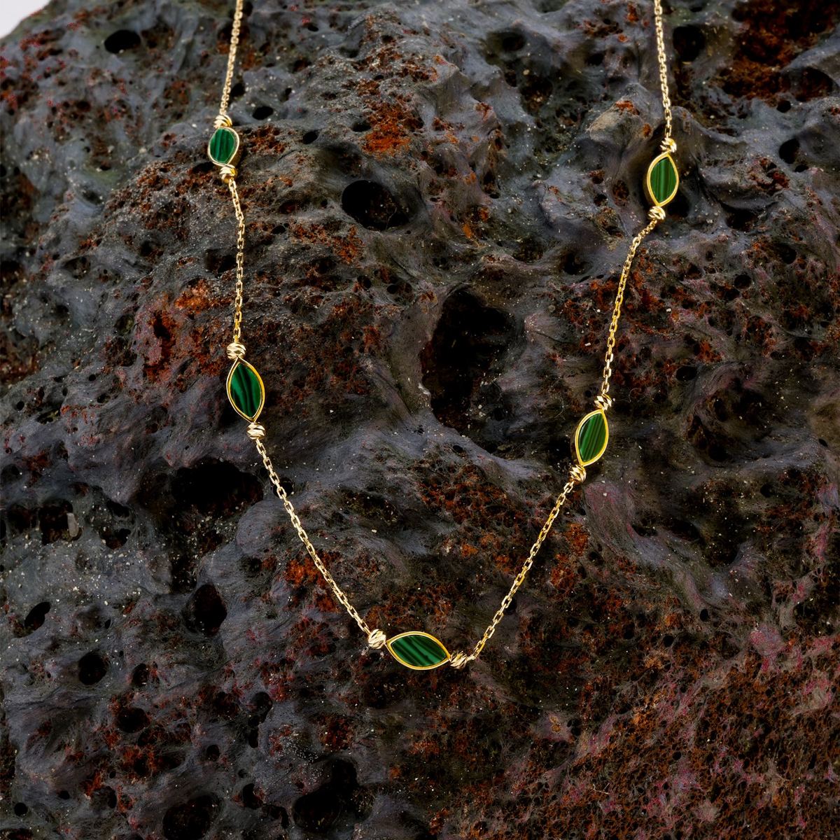 18K gold green-stone station necklace