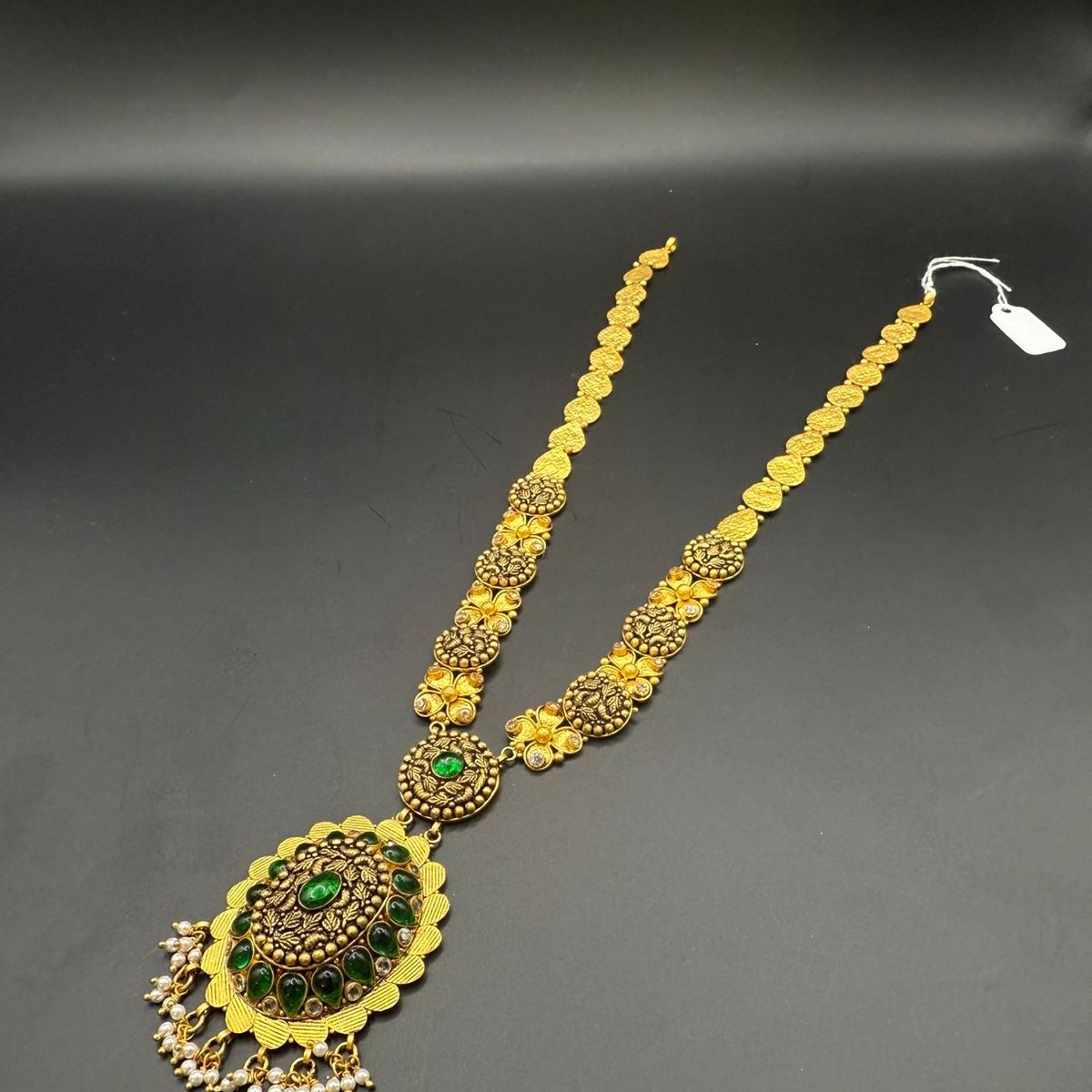 22K gold gold antique coloured-stone long necklace with pearl drops
