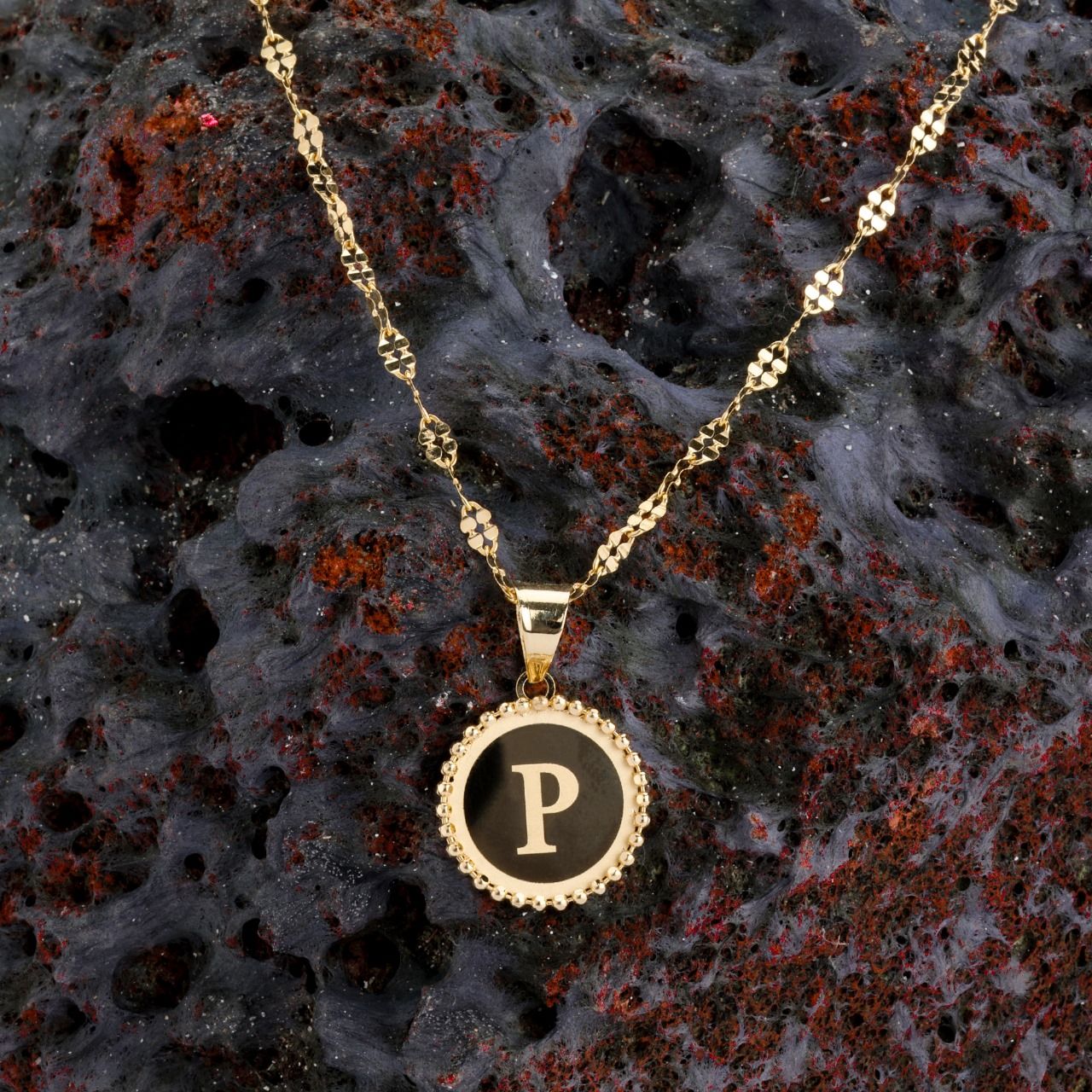 18K gold initial letter round pendant on chain