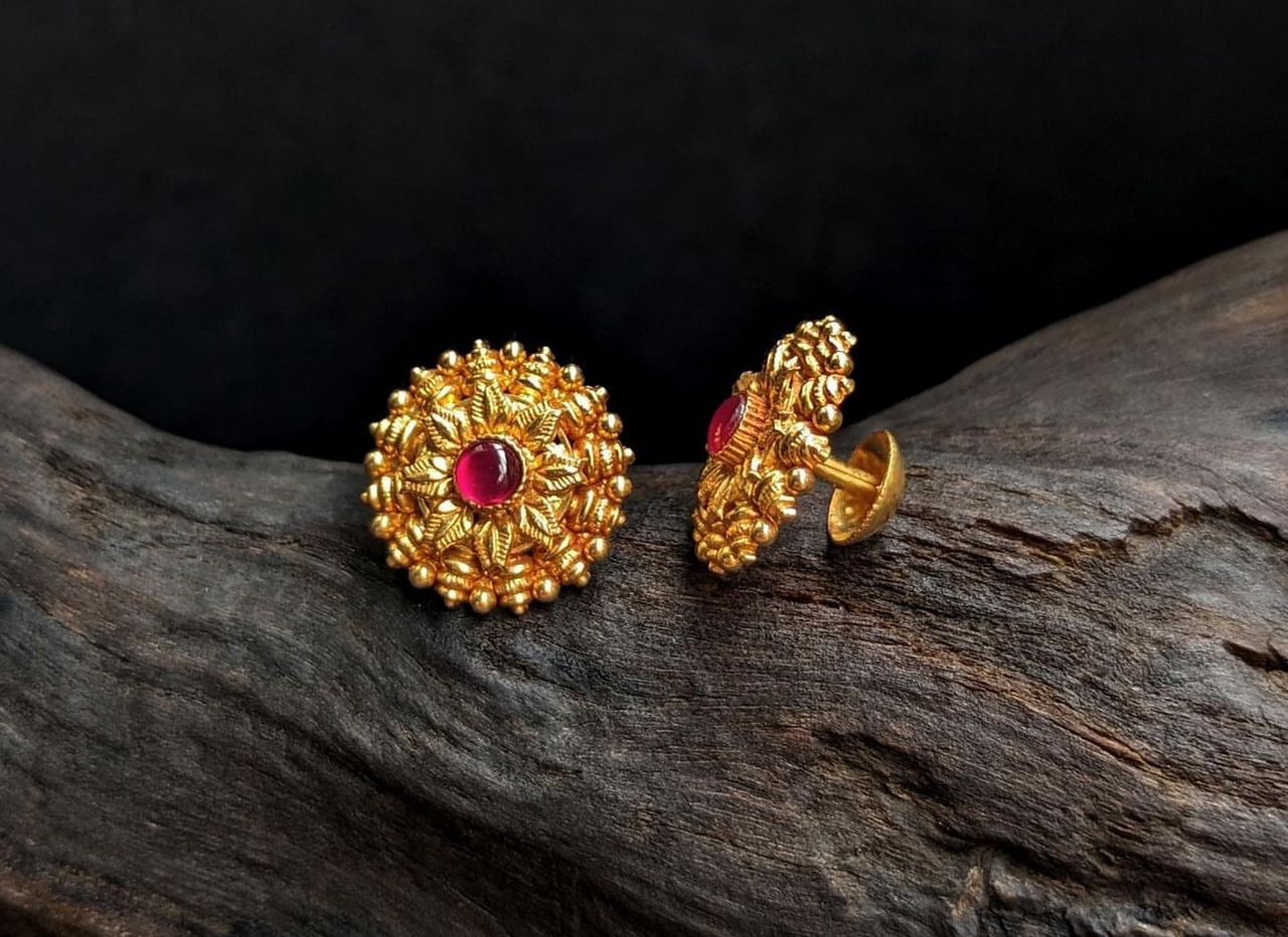 22K gold stone-studded floral stud earrings