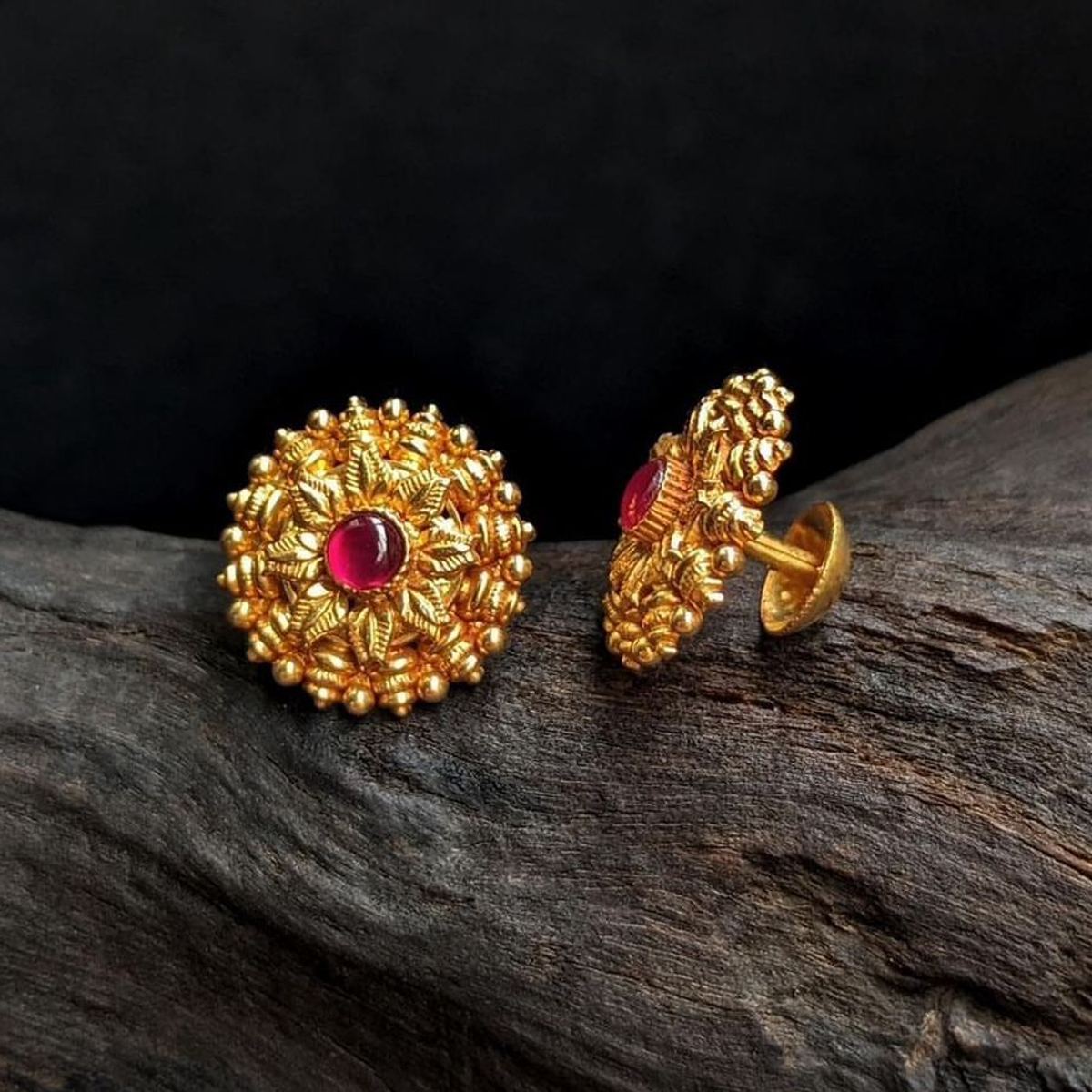22K gold stone-studded floral stud earrings