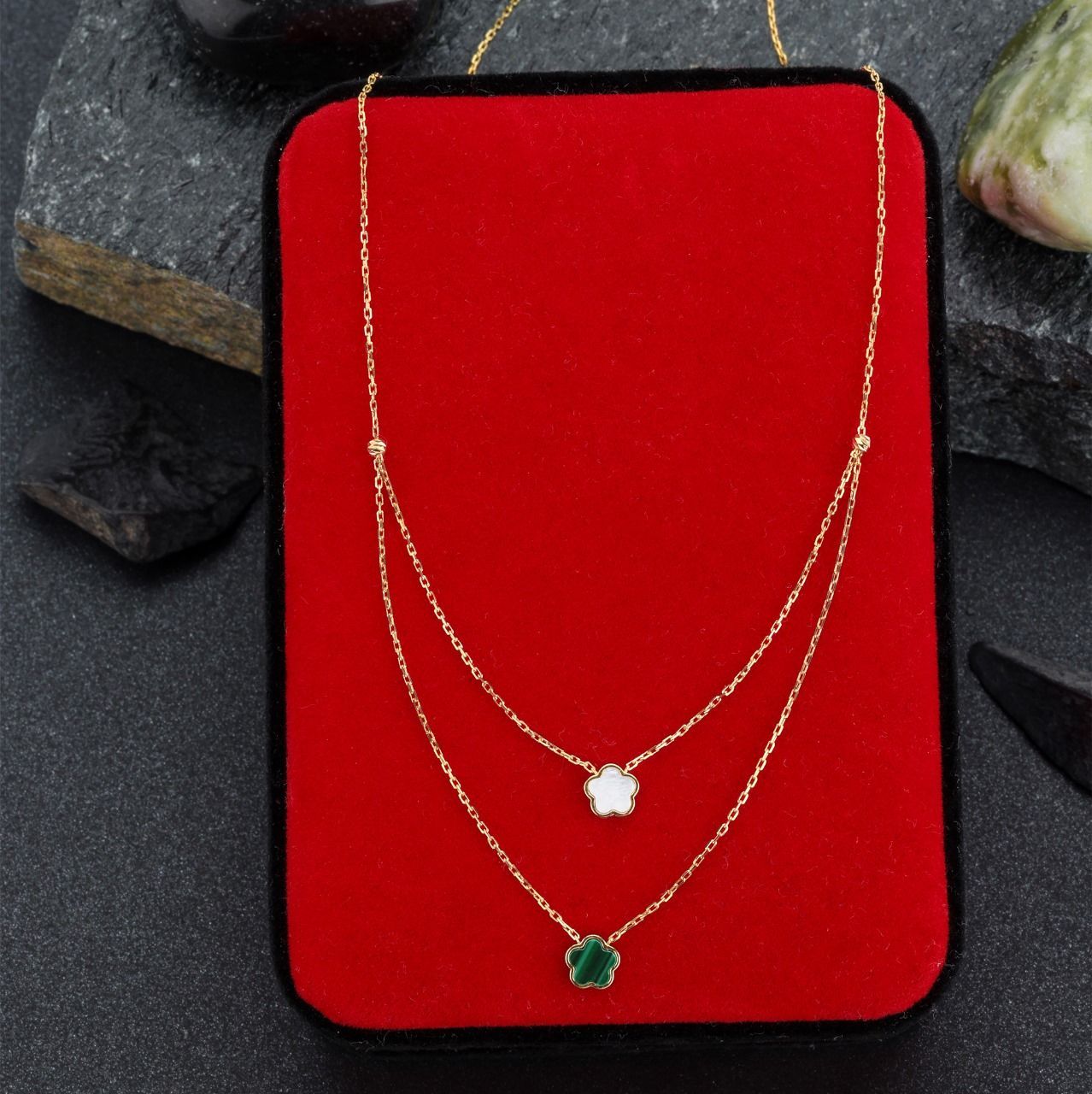 18K gold gold layered chain necklace with stone-studded clover pendants
