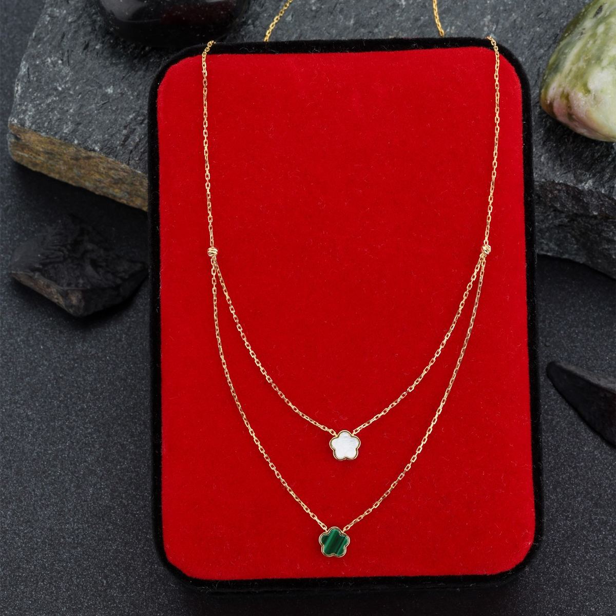 18K gold gold layered chain necklace with stone-studded clover pendants