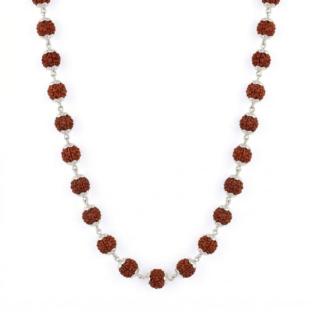 U-shaped necklace strand of textured Rudraksha beads with silver-toned petal caps on a white background