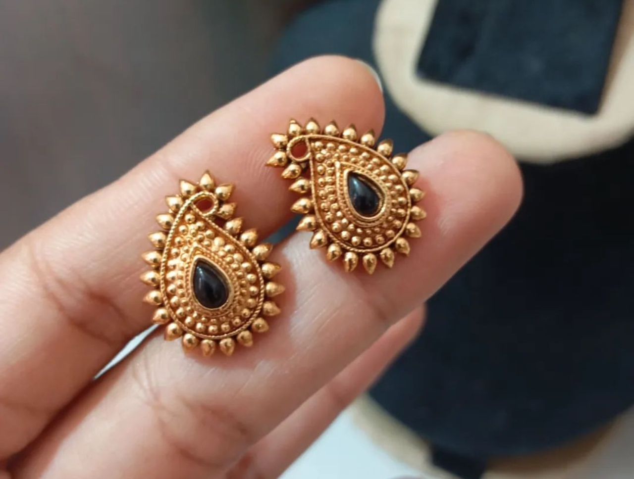 22K gold paisley stone-studded stud earrings