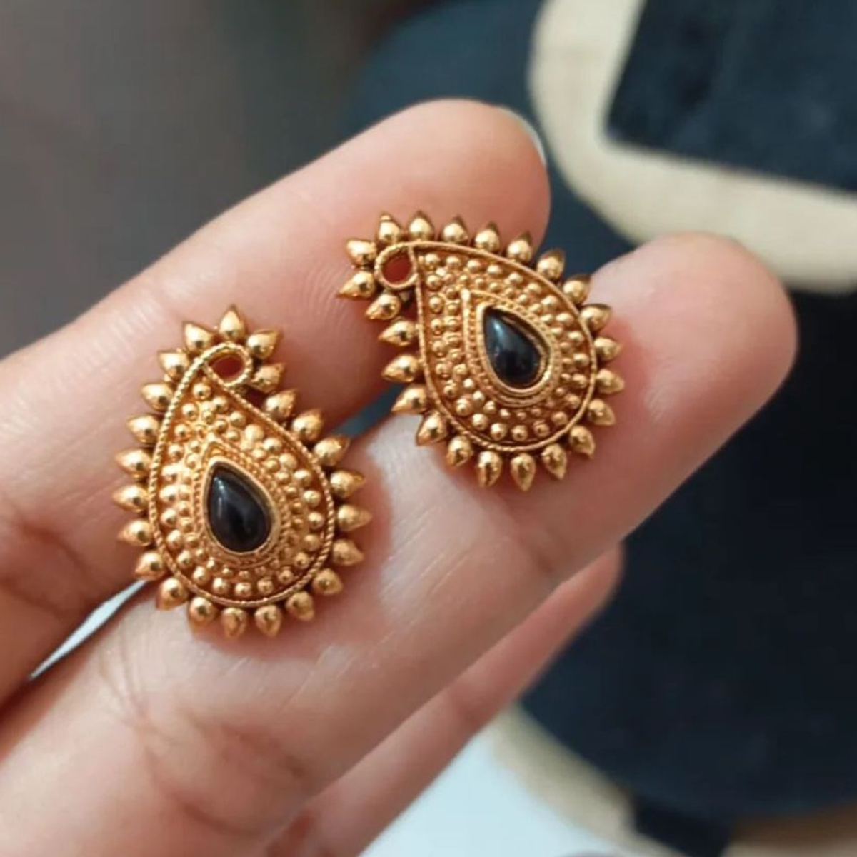 22K gold paisley stone-studded stud earrings