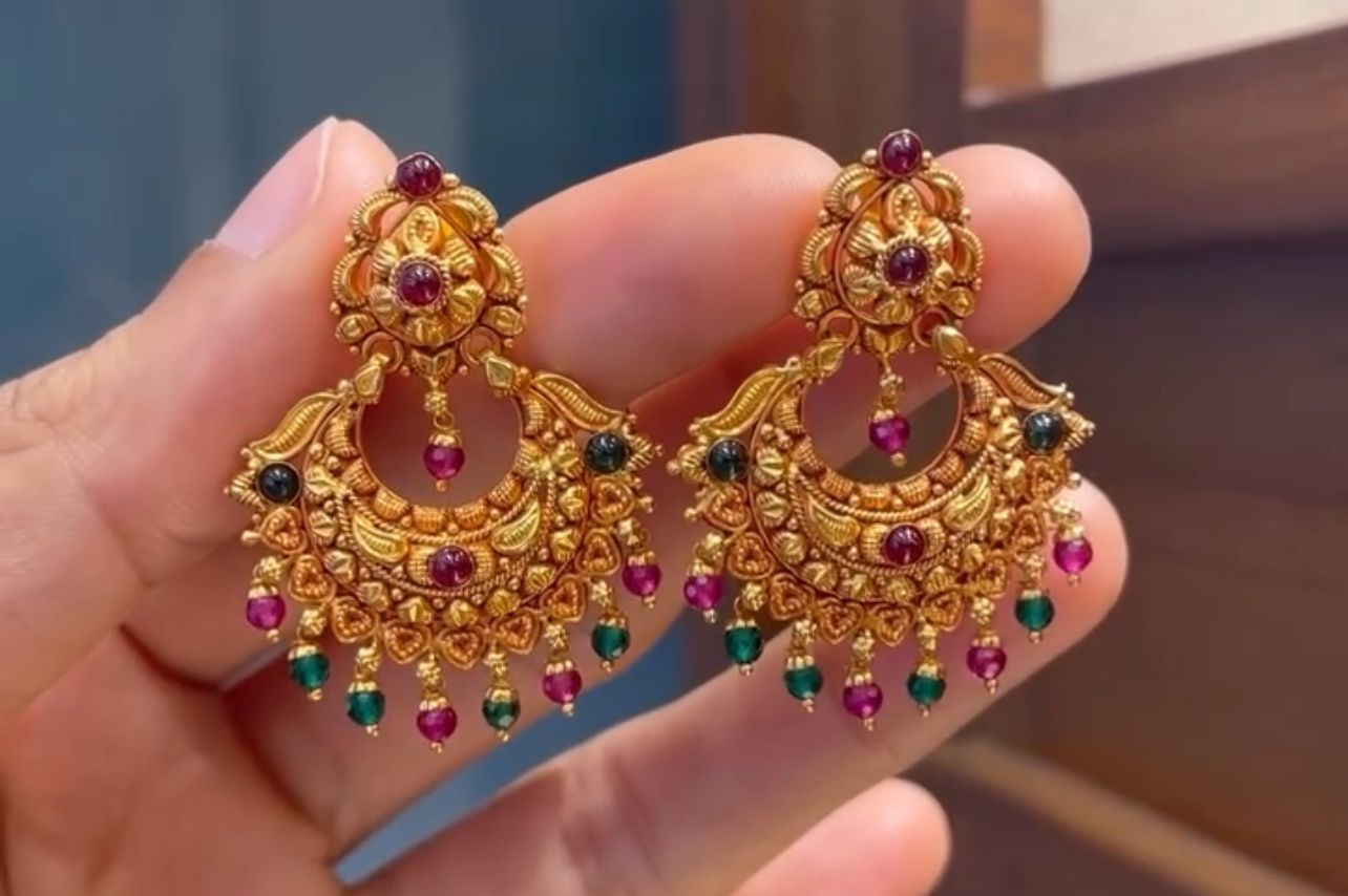22K gold stone-studded chandbali earrings