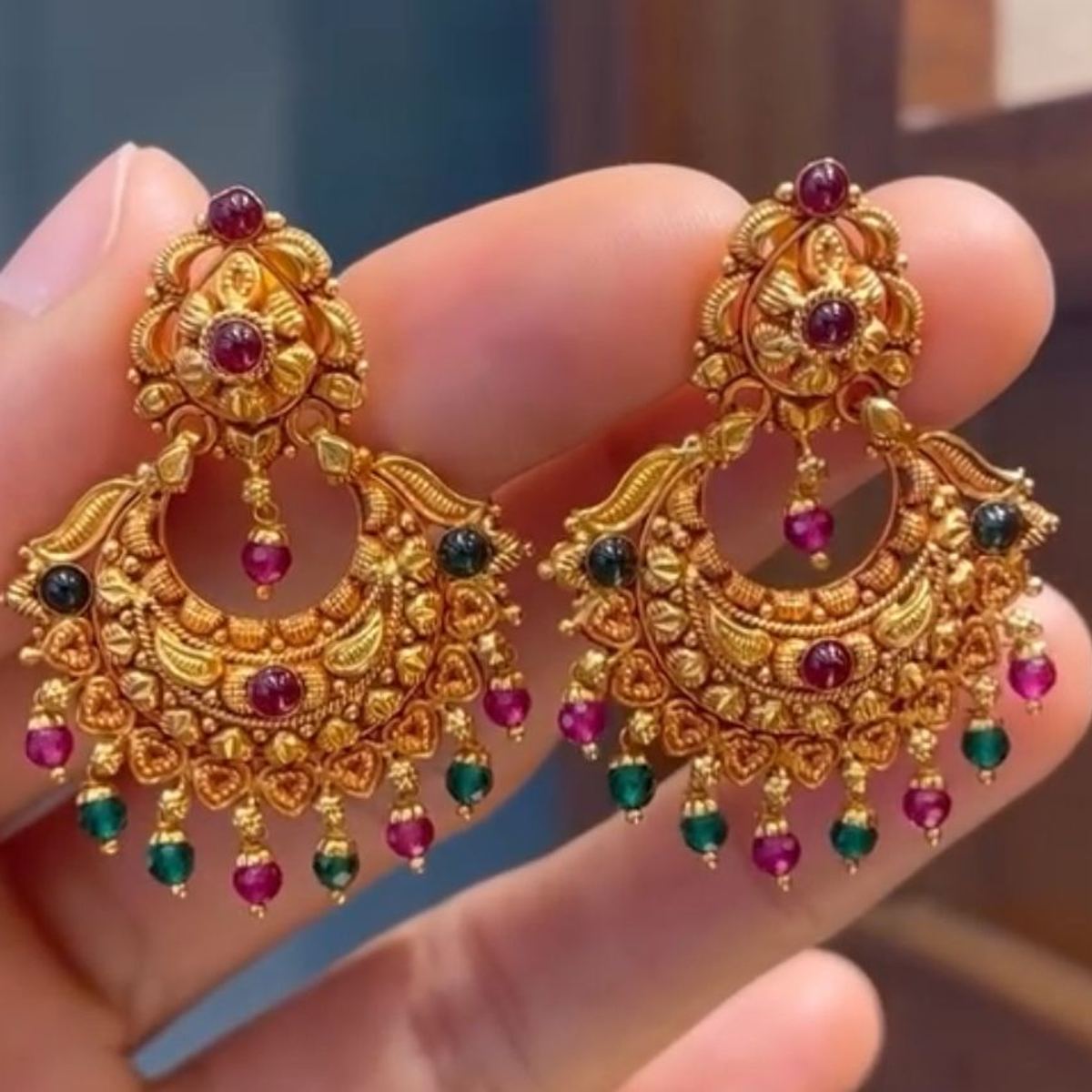 22K gold stone-studded chandbali earrings