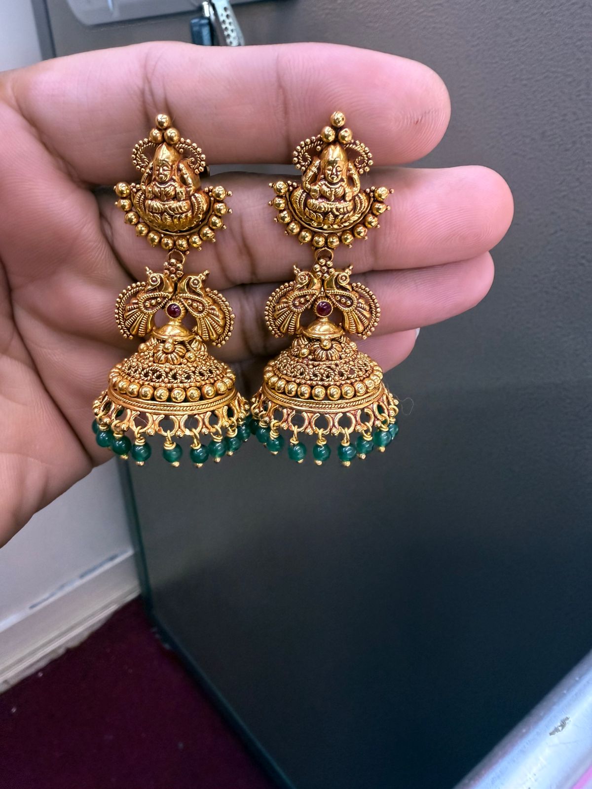 22K gold gold temple jhumka earrings with bead drops