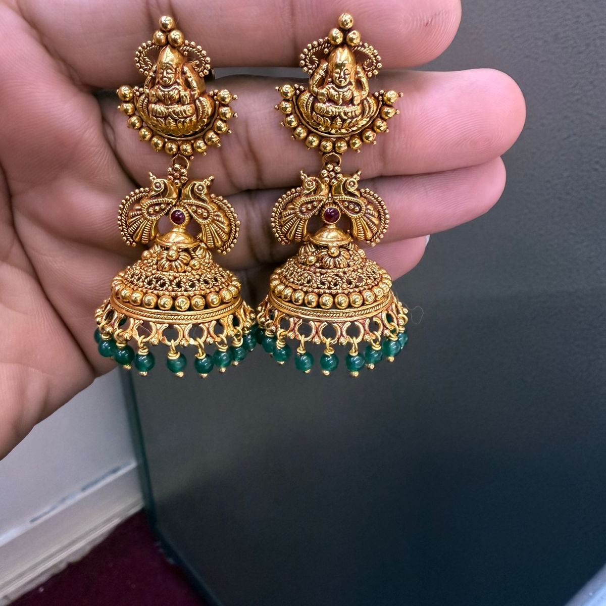 22K gold gold temple jhumka earrings with bead drops