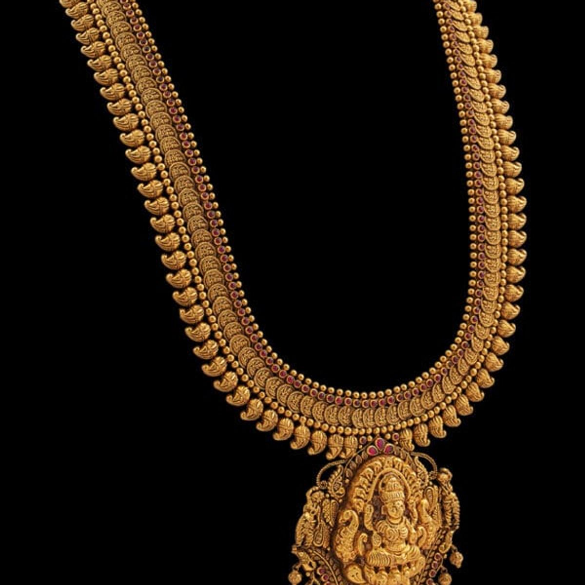 22K gold gold temple long necklace with deity pendant