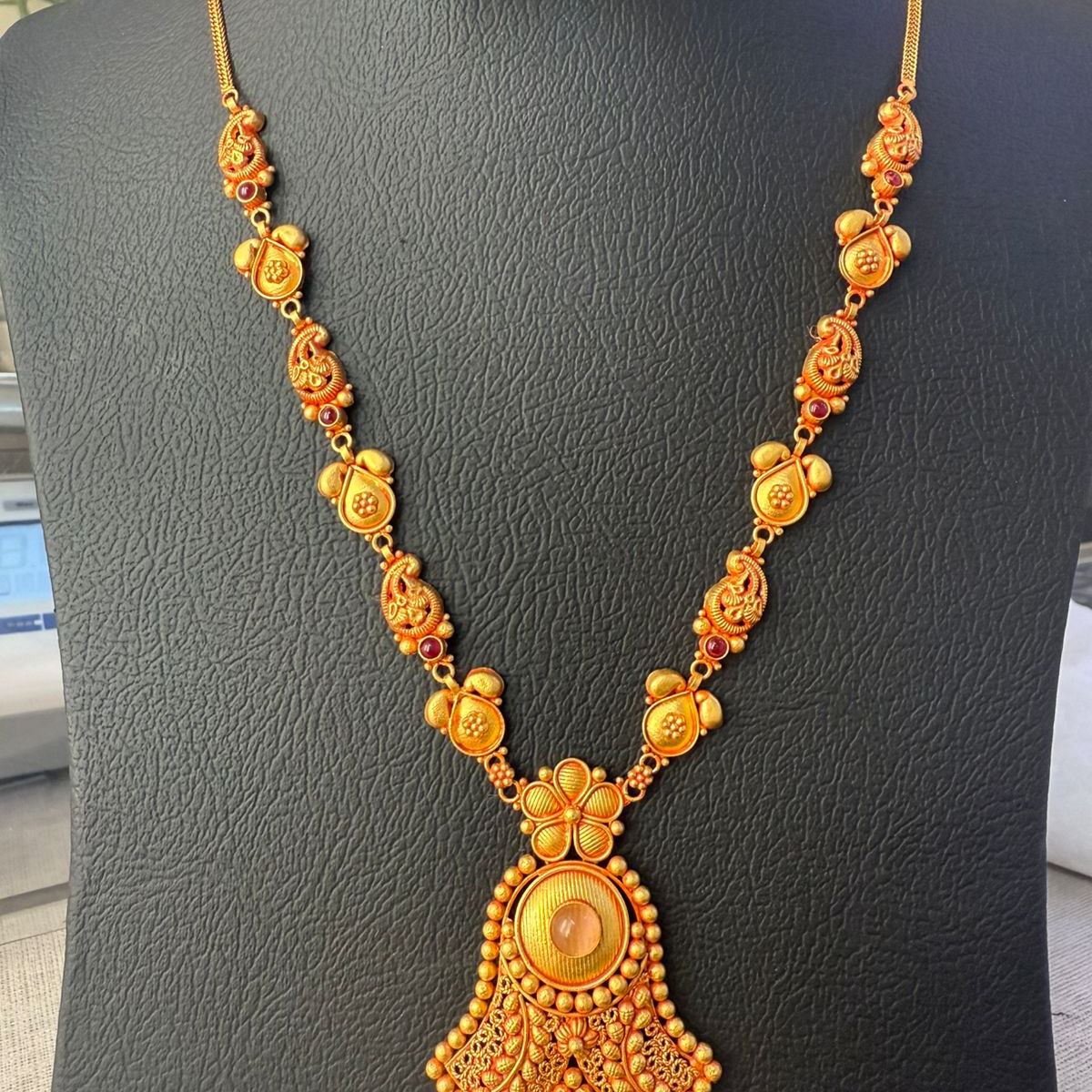 22K gold long stone-studded pendant necklace