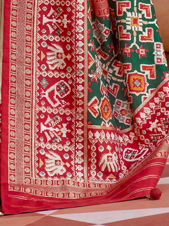 Anouk Cream-Coloured & Red Woven Design Zari Silk Blend Patola Saree - 4