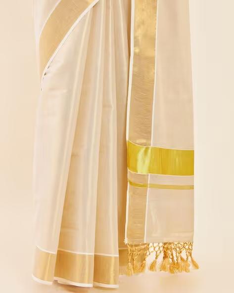 SOCH Gold Tissue Kasavu Saree With Zari Pallu And Borders Saree - 4