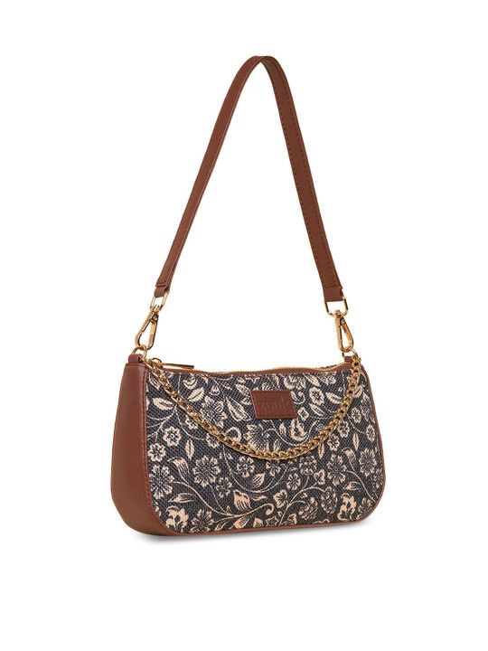 ZOUK Black Floral Printed Structured Baguette Bag with Applique Sling Handbag - 4