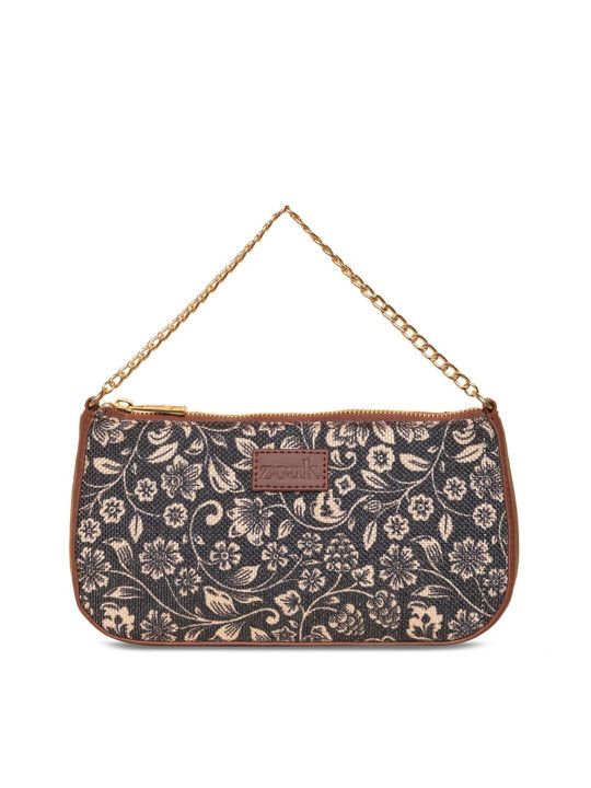 ZOUK Black Floral Printed Structured Baguette Bag with Applique Sling Handbag - 3
