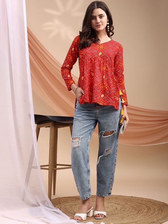 Youthnic Women Bandhani Print Peplum Kurti With Tassles and Kodi - 5