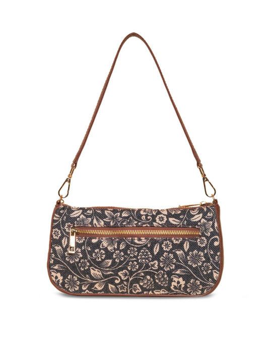 ZOUK Black Floral Printed Structured Baguette Bag with Applique Sling Handbag - 5