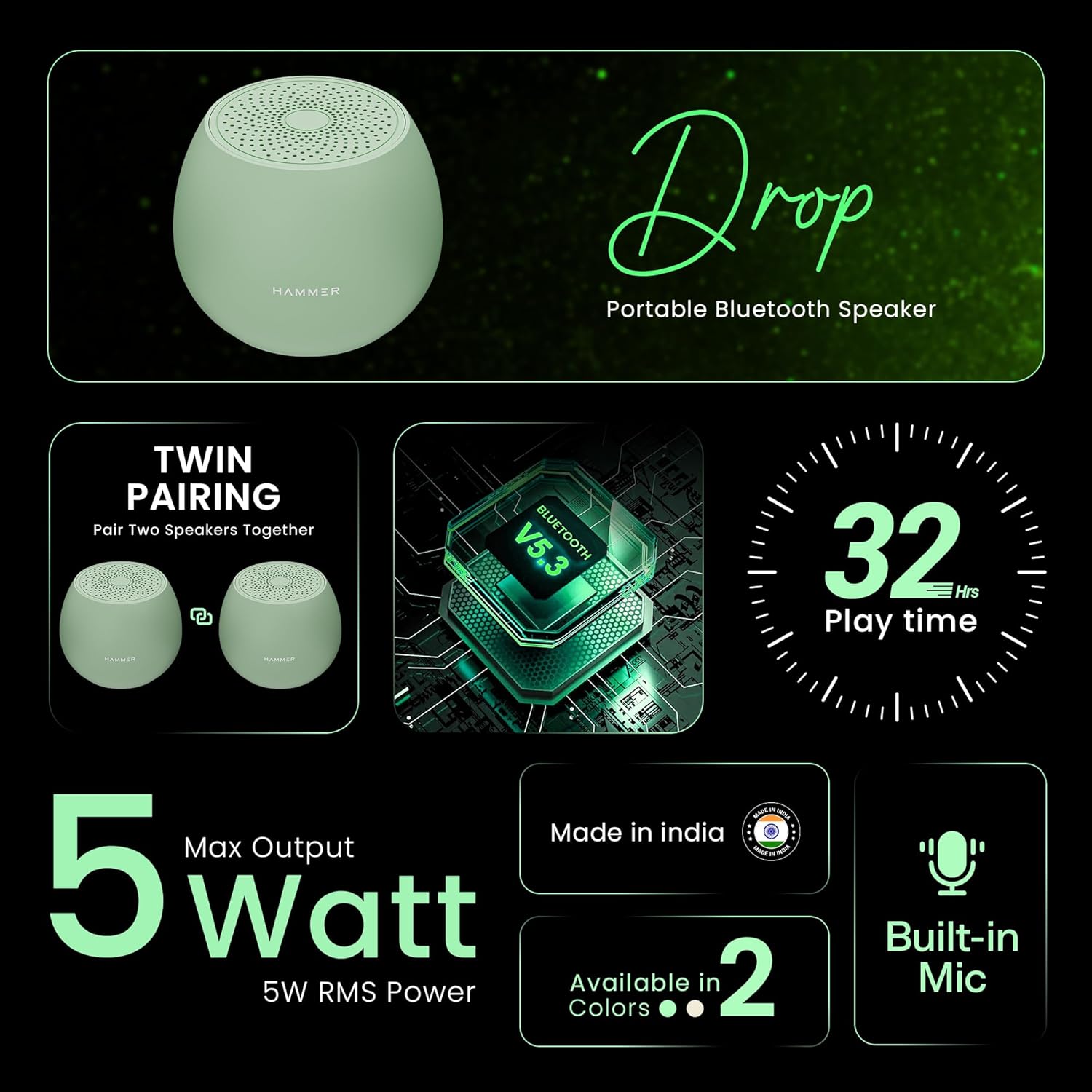 HAMMER Drop 5W Bluetooth Wireless Speaker Twin Pairing, 1200 mAh, 100H Backup - 7
