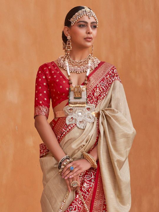 Anouk Cream-Coloured & Red Woven Design Zari Silk Blend Patola Saree - 2
