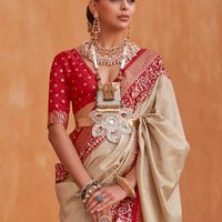 Anouk Cream-Coloured & Red Woven Design Zari Silk Blend Patola Saree - 2