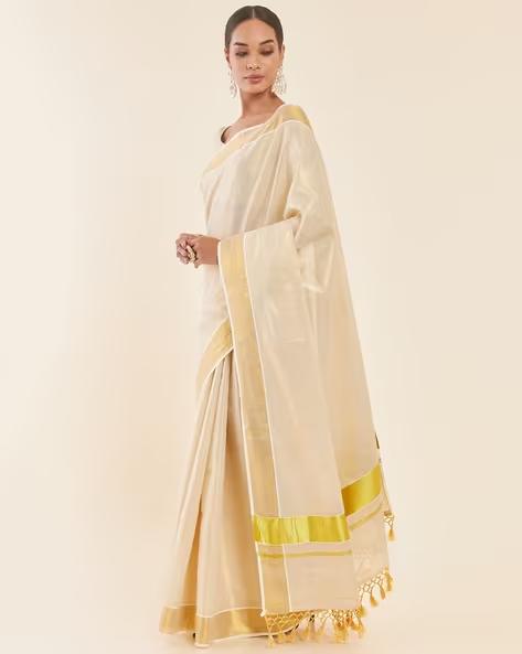 SOCH Gold Tissue Kasavu Saree With Zari Pallu And Borders Saree - 2
