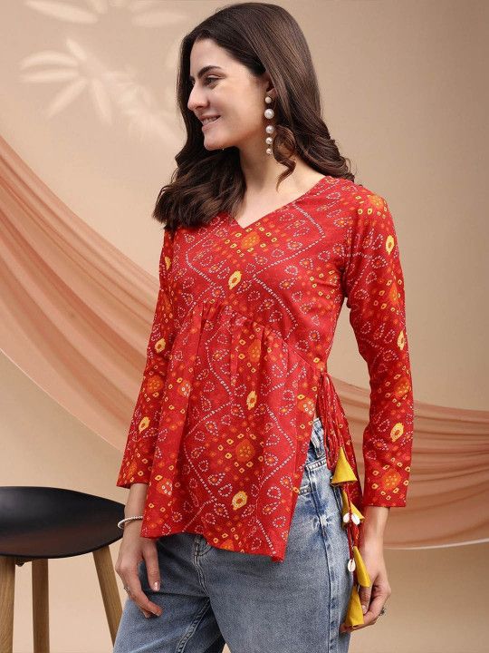 Youthnic Women Bandhani Print Peplum Kurti With Tassles and Kodi - 3