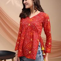 Youthnic Women Bandhani Print Peplum Kurti With Tassles and Kodi - 3