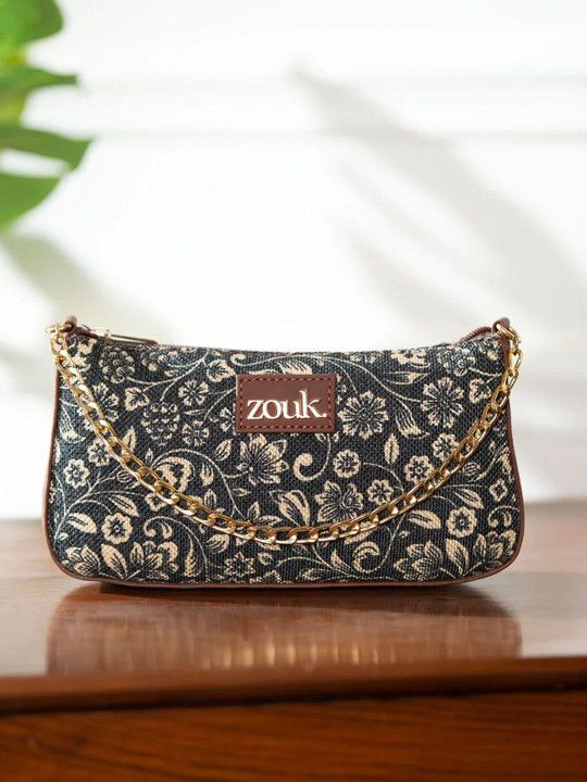 ZOUK Black Floral Printed Structured Baguette Bag with Applique Sling Handbag - 2