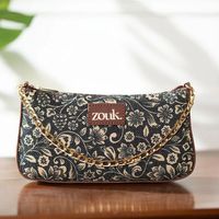 ZOUK Black Floral Printed Structured Baguette Bag with Applique Sling Handbag - 2