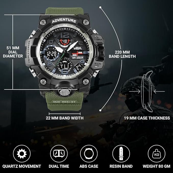 V2A Military Green Analogue and Digital Sports Watch for Men - 3