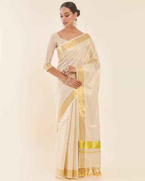 SOCH Gold Tissue Kasavu Saree With Zari Pallu And Borders Saree - 3