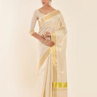 SOCH Gold Tissue Kasavu Saree With Zari Pallu And Borders Saree - 3