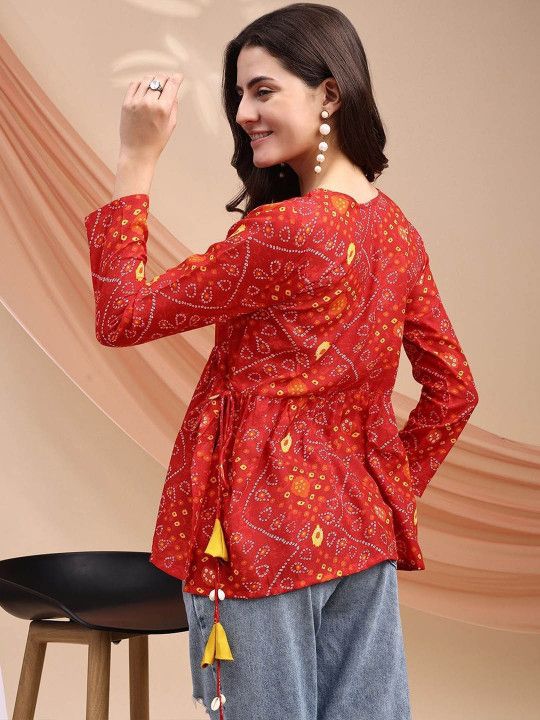 Youthnic Women Bandhani Print Peplum Kurti With Tassles and Kodi - 4
