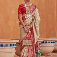 Anouk Cream-Coloured & Red Woven Design Zari Silk Blend Patola Saree
