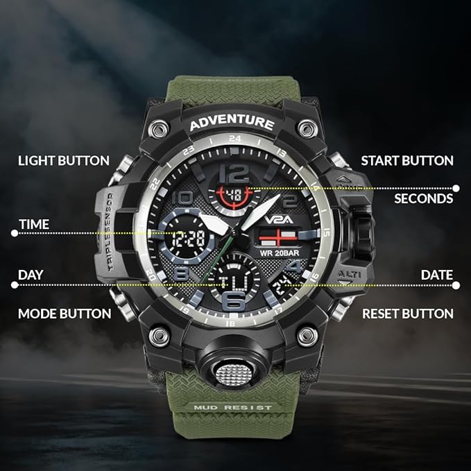 V2A Military Green Analogue and Digital Sports Watch for Men - 2